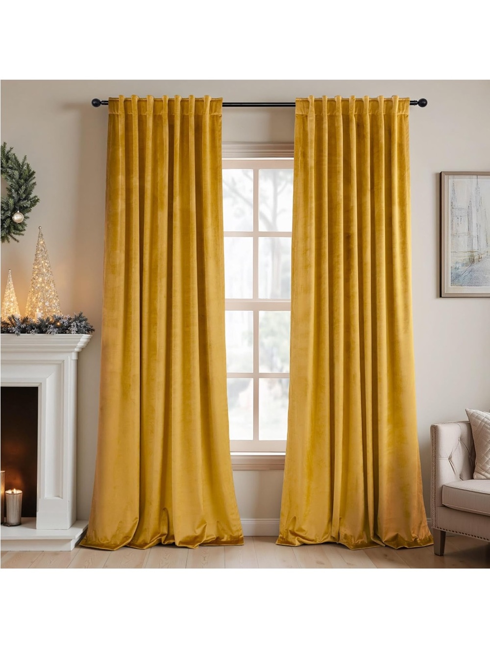 Mustard Yellow Gold Velvet Curtain 84 Inch Long 2 Panel for Living Room 52x84